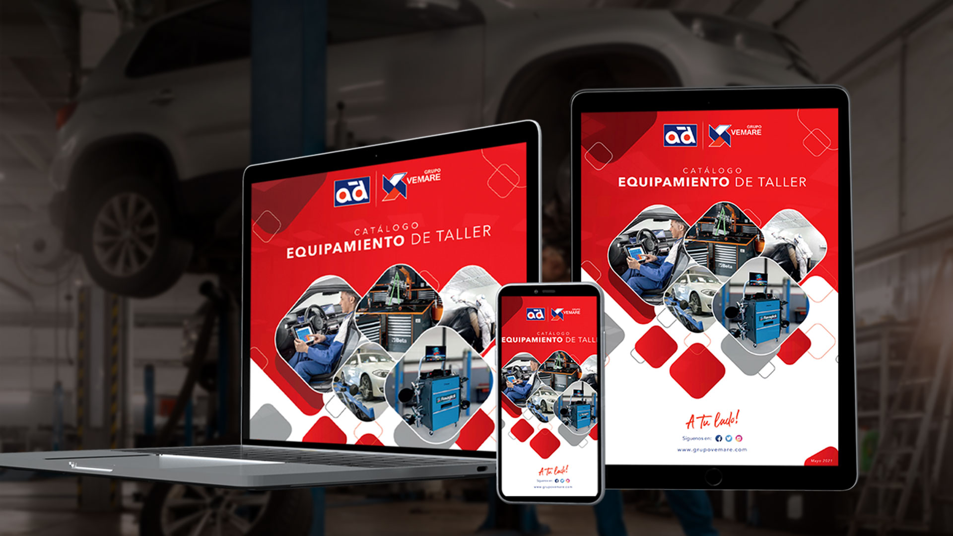 Catalogo de equipamiento de taller en un ordenador, tablet y smartphone